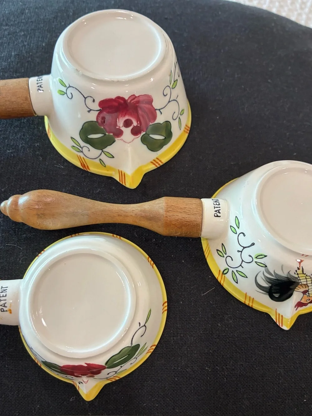 Vintage Hand-Painted Ceramic Measuring Cups with Wood Handles - Set of 3